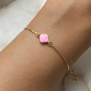 Baby Pink Clover Bracelet With Adjustable Slider And Dangly Rhinestone Ends, Dainty Elegant, Women&#39;s Gift