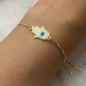 Hamsa Hand 18k Gold Plated Turquoise Evil Eye Protection Bracelet With An Adjustable Slider And Dangly Rhinestone Ends, Women’s Gift
