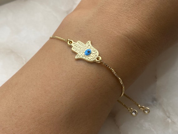 Hamsa Hand 18k Gold Plated Turquoise Evil Eye Protection Bracelet With An Adjustable Slider And Dangly Rhinestone Ends, Women’s Gift