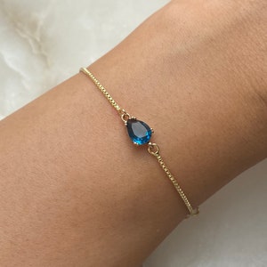 Sapphire Blue 18k Gold Plated Bracelet With Adjustable Slider And Dangly Rhinestone Ends, September Birthstone, Women&#39; Gift, Minimalist