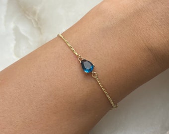 Sapphire Blue 18k Gold Plated Bracelet With Adjustable Slider And Dangly Rhinestone Ends, September Birthstone, Women' Gift, Minimalist