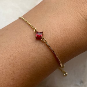 Ruby Red Dainty 18k Gold Plated Bracelet With Adjustable Slider And Dangly Rhinestone Ends, Women’s Gift, July Birthstone
