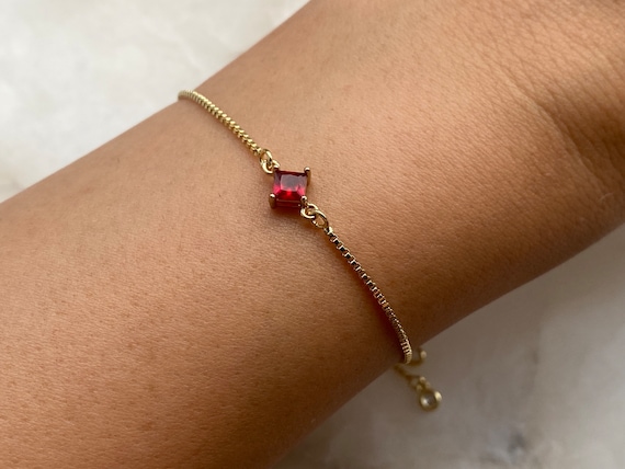 Ruby Red Dainty 18k Gold Plated Bracelet With Adjustable Slider And Dangly Rhinestone Ends, Women’s Gift, July Birthstone