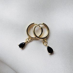 Onyx Black 18k Gold Plated Hoop Earrings, Small Huggies, Dangly Drop Gold Hoops, July Birthstone, Women&#39;s Gift
