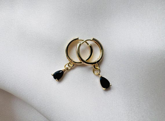 Onyx Black 18k Gold Plated Hoop Earrings, Small Huggies, Dangly Drop Gold Hoops, July Birthstone, Women's Gift