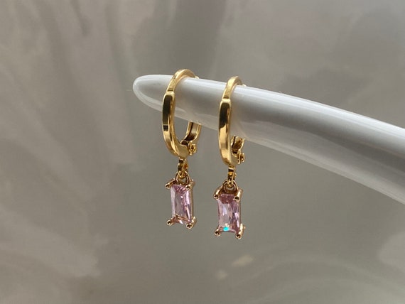 Light Pink 18k Gold Plated Hoop Earrings, Gold Huggies, Small Hoop Earrings, October Birthstone, Women's Gift, Gift For Her