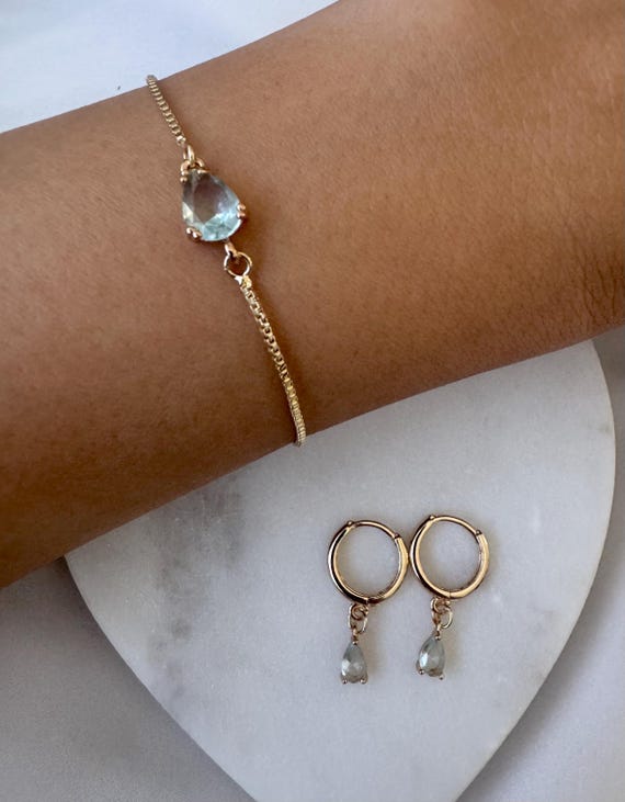 18k Gold plated aquamarine blue bracelet and earrings bundle