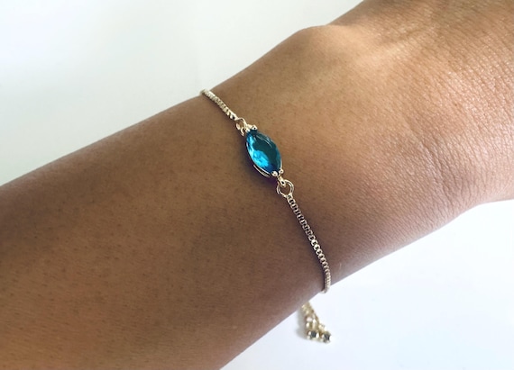 Aquamarine 18k Gold Plated Bracelet With Adjustable Slider, Dangly Rhinestone Ends, Women’s Gift, Gift For Her, March Birthstone