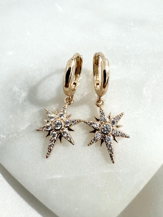 18k Gold Plated Star Hoops, Celestial Star Earrings