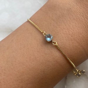 Aquamarine 18k Gold Plated Bracelet With An Adjustable Slider And Dangly Rhinestone Ends, Dainty Elegant Bracelet, Women Gift Bracelet