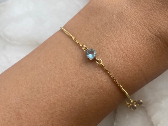 Aquamarine 18k Gold Plated Bracelet With An Adjustable Slider And Dangly Rhinestone Ends, Women Gift