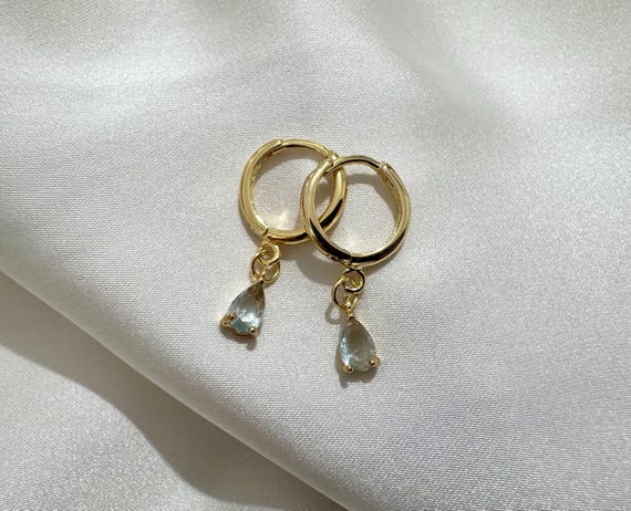 Aquamarine 18k Gold Plated Hoop Earrings, Small Huggies, Dangly Drop Gold Hoops, March Birthstone, Women's Gift