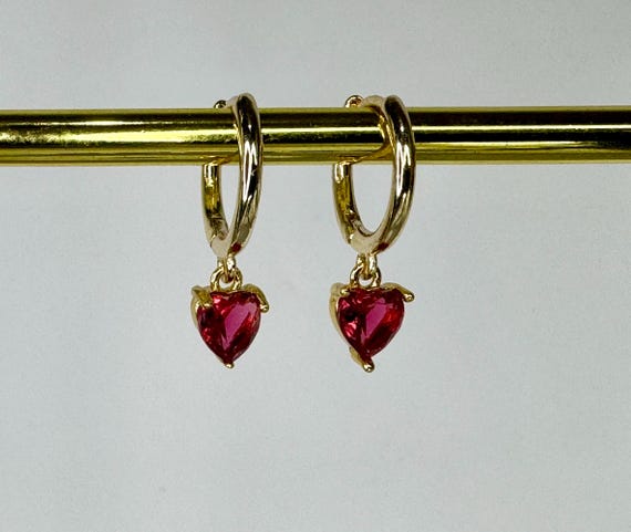 Cerise Pink 18k Gold Plated Heart Hoop Earrings, Gold Huggies, Small Hoops, October Birthstone, Women's Gift, Valentines Gift