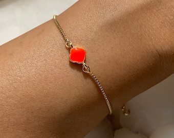 Neon Orange Gold Plated Clover Bracelet With Adjustable Slider And Dangly Rhinestone Ends, Dainty Elegant, Women's Gift