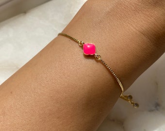 Hot Pink Clover Bracelet Gold Plated With Adjustable Slider And Dangly Rhinestone Ends, Dainty, Women’s Gift