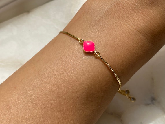 Hot Pink Clover Bracelet 18k Gold Plated With Adjustable Slider And Dangly Rhinestone Ends, Dainty, Women’s Gift