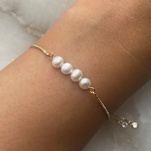 Freshwater Pearl 18k Gold Plated Bracelet Adjustable Slider, Rhinestone Ends, Wedding Gift, Bridesmaid Gift, Women&#39;s Gift, June Birthstone