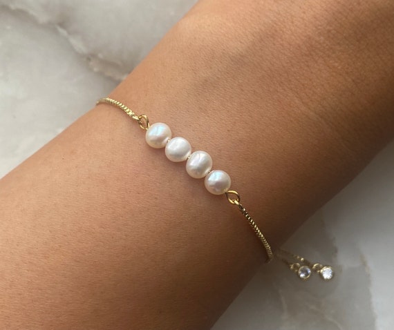 Freshwater Pearl 18k Gold Plated Bracelet Adjustable Slider, Rhinestone Ends, Wedding Gift, Bridesmaid Gift, Women's Gift, June Birthstone