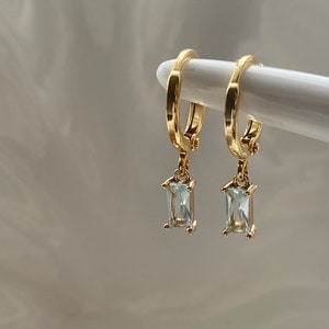 Aquamarine 18k Gold Plated Hoop Earrings, Gold Dangly Huggies, Small Hoops, Women's Gift, March Birthstone