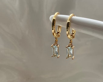 Aquamarine 18k Gold Plated Hoop Earrings, Gold Dangly Huggies, Small Hoops, Women's Gift, March Birthstone