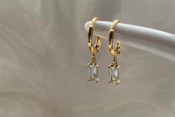 18k Gold Plated Aquamarine Hoop Earrings, Gold Dangly Huggies, Small Hoops, Women's Gift, March Birthstone