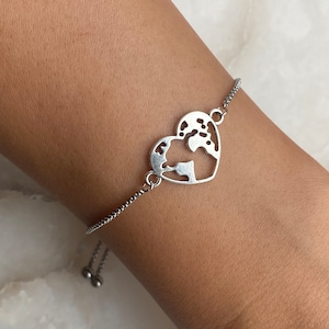 Bracelet coeur d'explorateur de carte du monde avec curseur réglable, bracelet globe, bracelet de distance de voyage, cadeau d'aventure, cadeau de voyage, cadeau pour femme
