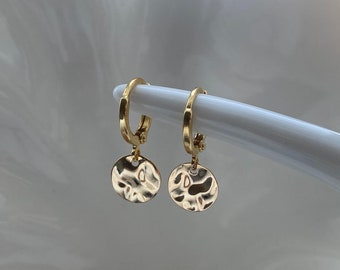 18k Gold Plated Hammered Disk earrings, Hammered Coin earrings, Dangly Hoops, Women's Gift