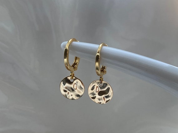 18k Gold Plated Hammered Disk earrings, Hammered Coin earrings, Dangly Hoops, Women's Gift