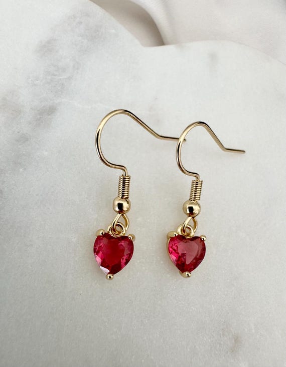 18k Gold Plated Dark Pink Tiny Heart Dangle Earrings,