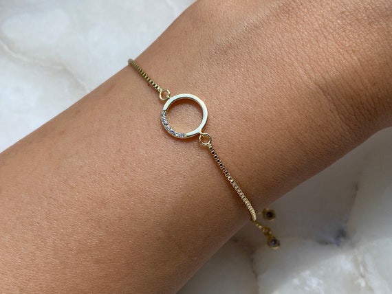 18k Gold Plated Open Circle Bracelet With Adjustable Slider And Rhinestone Dangly Ends, Dainty Open Circle, Women’s Gift