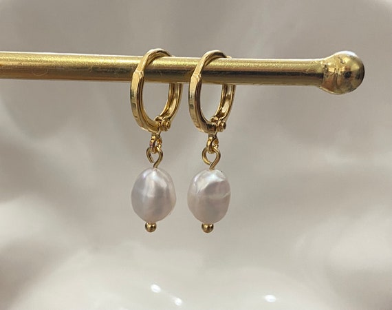 Freshwater Pearl Gold Plated Hoop Earrings, Small Huggies, Small Hoop earrings, Womens Gift, Wedding, Bridesmaid