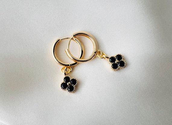 Black Onyx 18k Gold Plated Flower Hoop Earrings, July Birthstone, Gift For Her, Womens Gift
