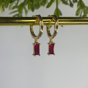 Ruby Red Gold Plated Hoop Earrings, Small Huggies, July Birthstone, Women's gift image 3