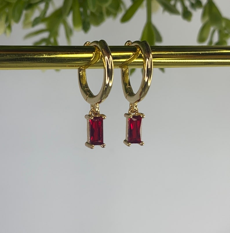 Ruby Red Gold Plated Hoop Earrings, Small Huggies, July Birthstone, Women's gift image 3