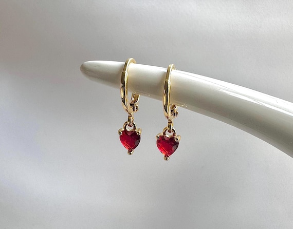 Red Heart 18k Gold Plated Hoop earrings, Ruby Red Hoops, Small Huggies, Women's Gift, Gift For Her, July Birthstone,