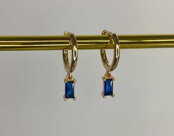 Sapphire Blue 18k Gold Plated Hoop Earrings, Small Dangly Drop Huggies, September Birthstone, Women's Gift