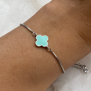 Mint Green Clover Bracelet, Blue Clover Bracelet With Dangly Rhinestone Ends, Dainty Elegant, Stacking Bracelet, Women’s Gift