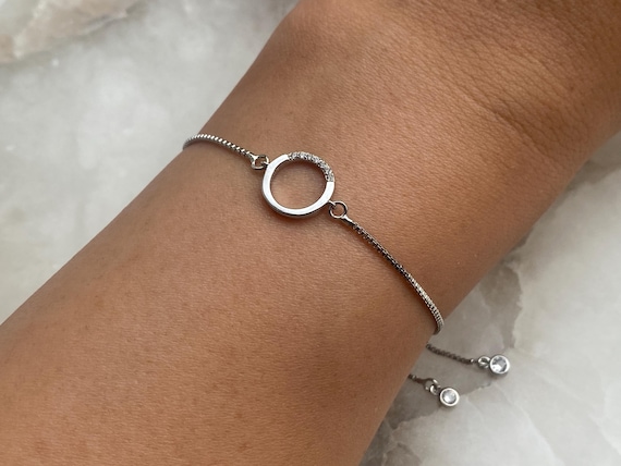 Open Circle Bracelet With An Adjustable Slider And Dangly Rhinestone Ends, Dainty Circle Bracelet, Minimalist, Women's Gift