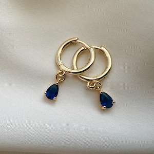 Sapphire Blue 18k Gold Plated Hoop Earrings, Small Huggies, Dangly Drop Gold Hoops, September Birthstone, Women&#39;s Gift