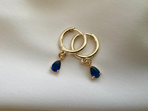 Sapphire Blue 18k Gold Plated Hoop Earrings, Small Huggies, Dangly Drop Gold Hoops, September Birthstone, Women's Gift