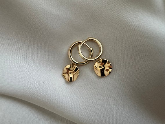 18k Gold Plated Hammered Disc Hoop Earrings, Small Dangly Hoops, Textured Gold Huggies, Women's Gift