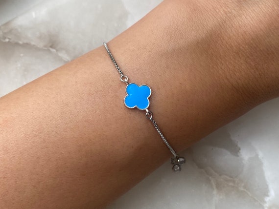 Blue Clover Bracelet With Adjustable Slider, Women's Gift,