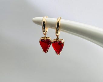 Ruby Red 18k Gold Plated Heart Hoop Earrings, July Birthstone, Women's Gift, Gift For Her