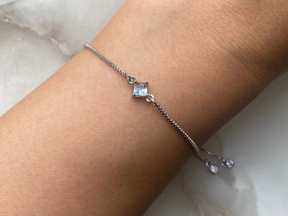 Aquamarine Bracelet, Dainty Adjustable Slider With Dangly Rhinestone Ends, Minimalist, Women's Gift, March Birthstone