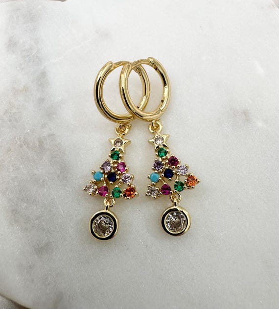 18k Gold Plated Xmas Tree Hoops, Christmas Earrings