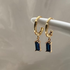 Sapphire Blue 18k Gold Plated Hoop Earrings, Dainty Hoop Earrings, Dangly Huggies, Small Gold Hoops, Womens Gift