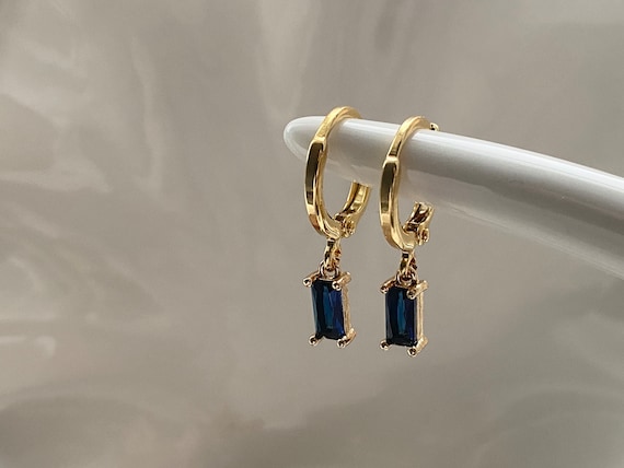Sapphire Blue 18k Gold Plated Hoop Earrings, Womens Gift