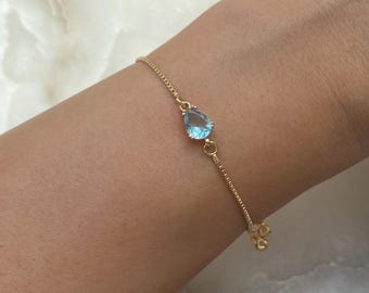 Bracelet Aigue-marine Synthétique Sertie 4 Griffes Plaqué Or 18 Carats - Neuf Bijouxia