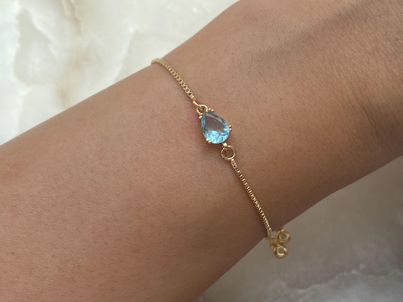 Aquamarine 18k Gold Plated Bracelet With Adjustable Slider Dangly Rhinestone Ends,  Minimalist bracelet, Women's Gift, March Birthstone