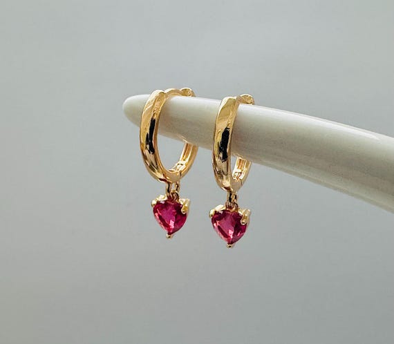 18k Gold Plated Cerise Pink Hoop Earrings, Small Hoops, Gold Huggies, Women's Gift, Gift For Her, October Birthstone